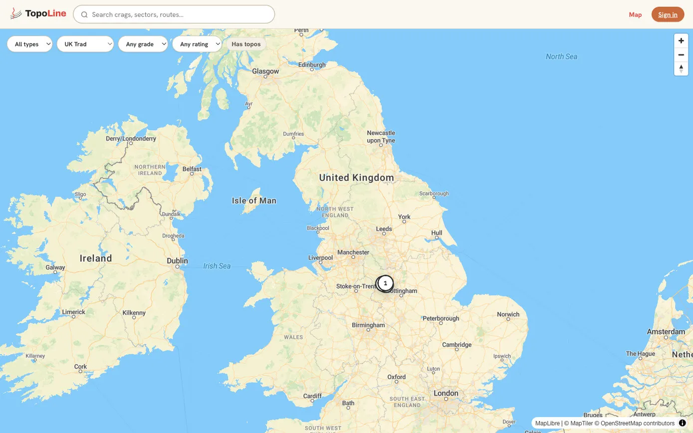 TopoLine’s map in June 2026: a standard street map of the UK and Ireland in pale colours, with a single crag pin in the Peak District