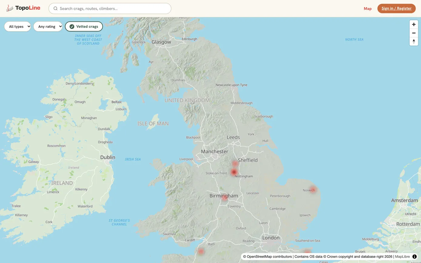 TopoLine’s map today: the UK and Ireland with hill shading across the uplands, crag markers glowing red, and filters for all types, any rating and vetted crags