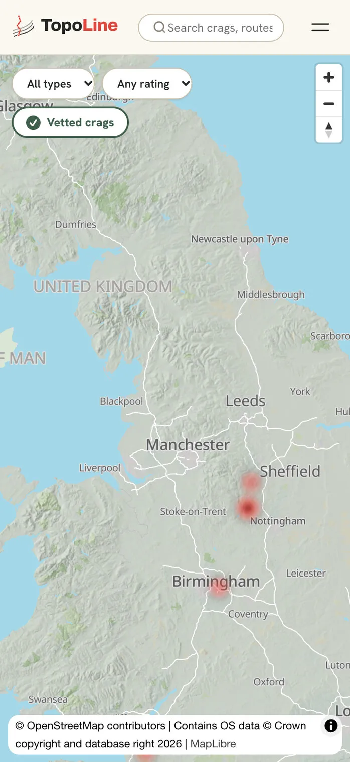 TopoLine’s map of northern England on a phone, with hill shading, red crag markers and filters for type, rating and vetted crags