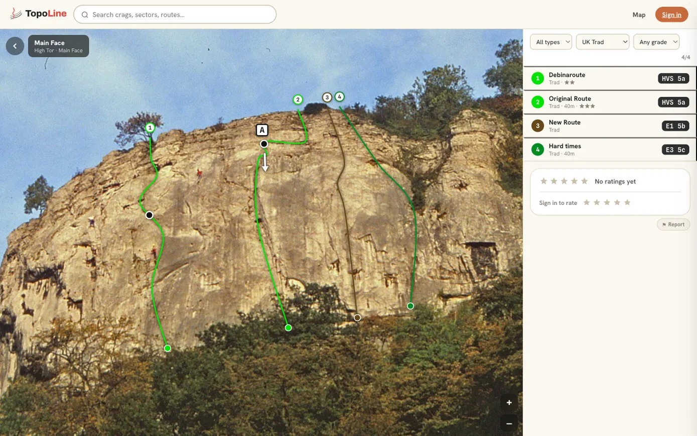 The topo viewer on a computer, June 2026: a tall limestone crag with four routes drawn on in green, blue and black, numbered at the top, an abseil station marked A with an arrow, and the route list with grades and filters on the right