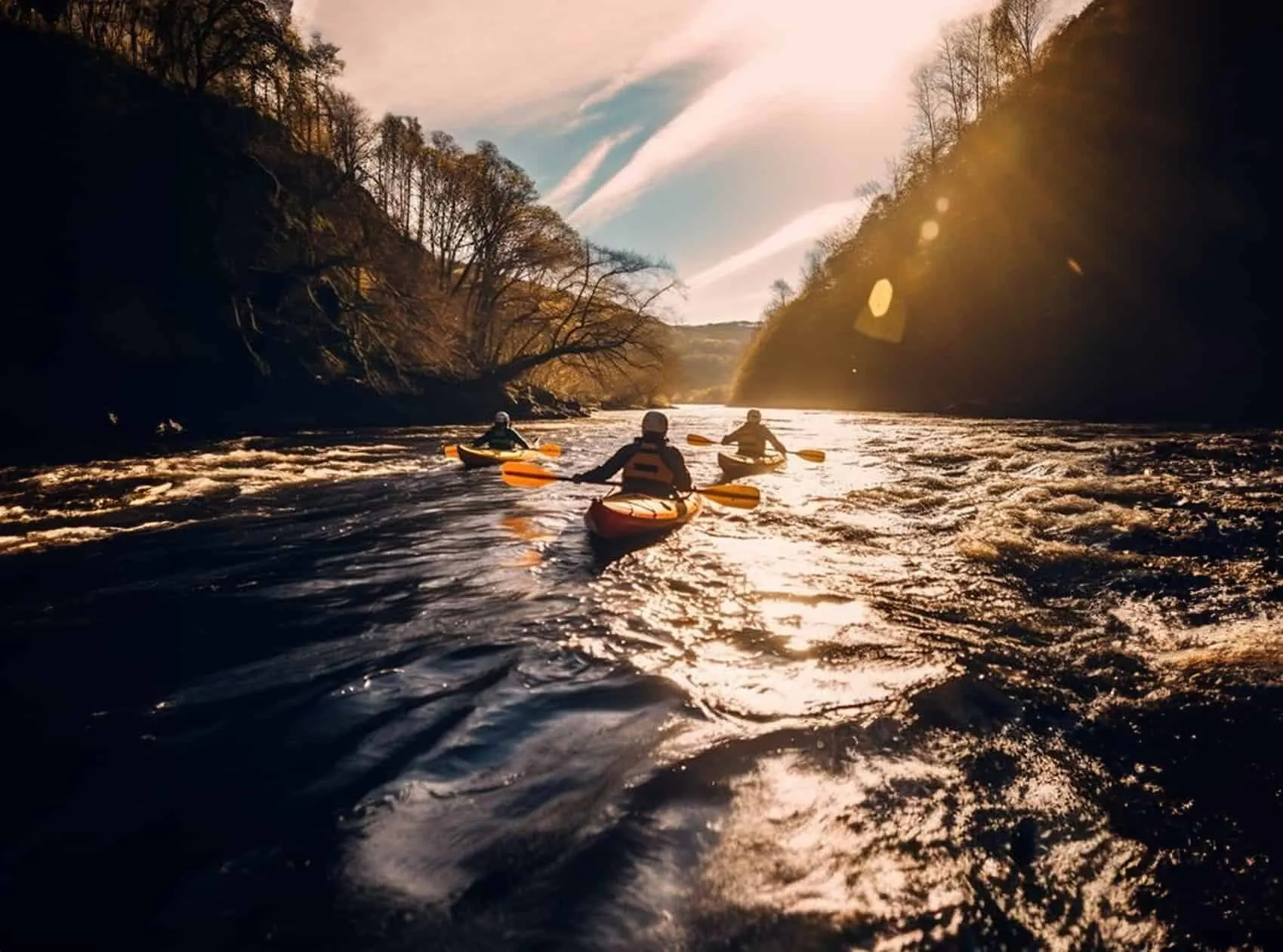 Kayakers on a river at sunset, between wooded hillsides