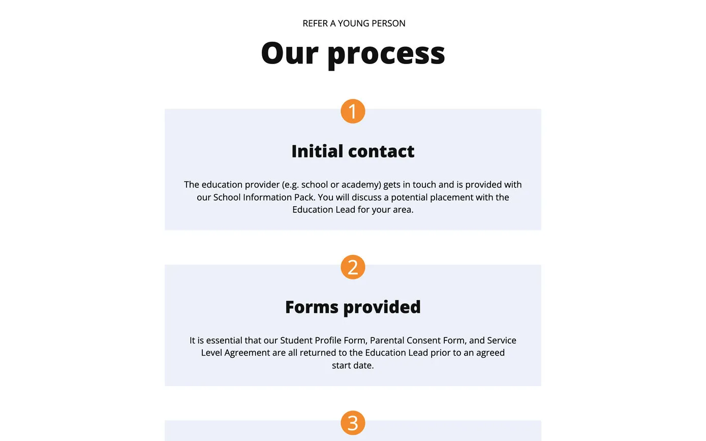 The Make a referral page: “Our process”, with numbered steps for the first contact and the forms a school returns