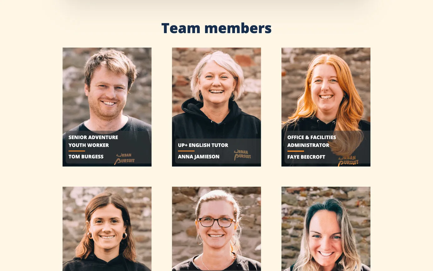 The Our team page: “Team members”, with portraits of staff in Urban Pursuit hoodies, each with their role