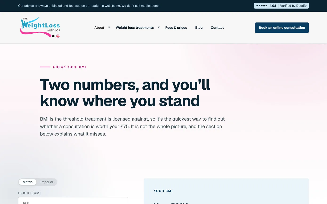 The Check your BMI page: “Two numbers, and you’ll know where you stand”, with height and weight boxes, a metric or imperial switch and a BMI scale