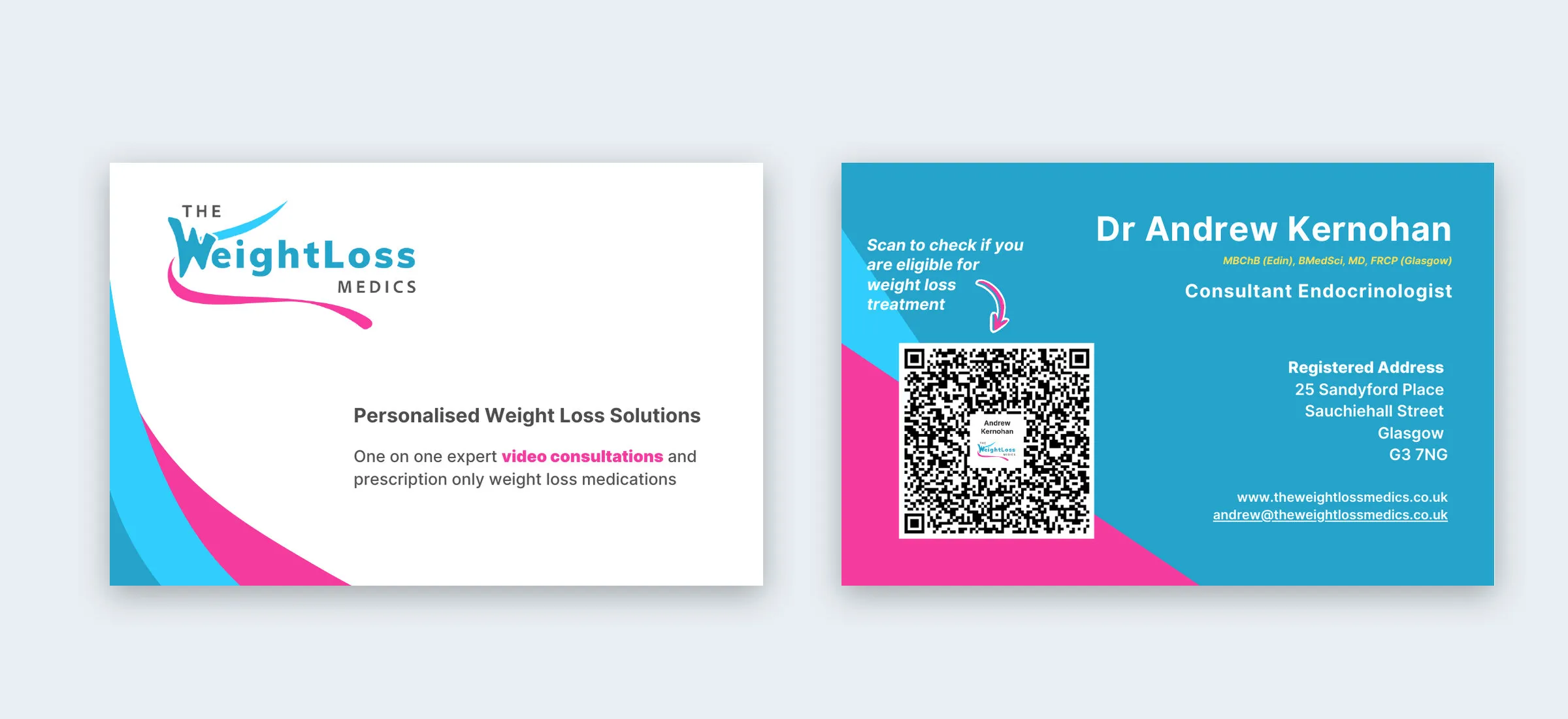 The 2024 business card: the logo and ribbons on the front, and on the back Dr Kernohan’s name, a QR code and “Scan to check if you are eligible for weight loss treatment”