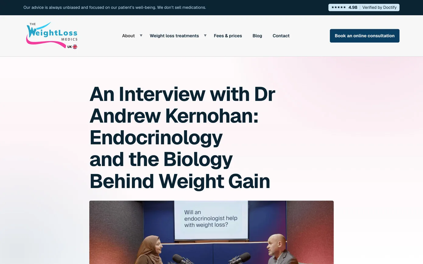 An article titled “An Interview with Dr Andrew Kernohan: Endocrinology and the Biology Behind Weight Gain”, above a still from the podcast studio