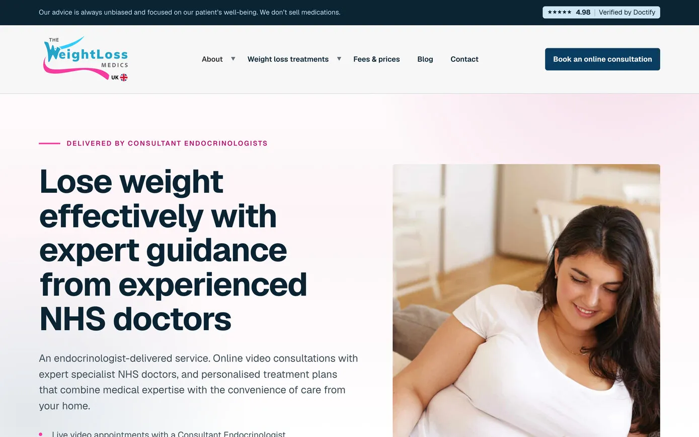 The Weight Loss Medics UK homepage on a desktop browser: “Delivered by Consultant Endocrinologists” above the headline and a button to book an online consultation