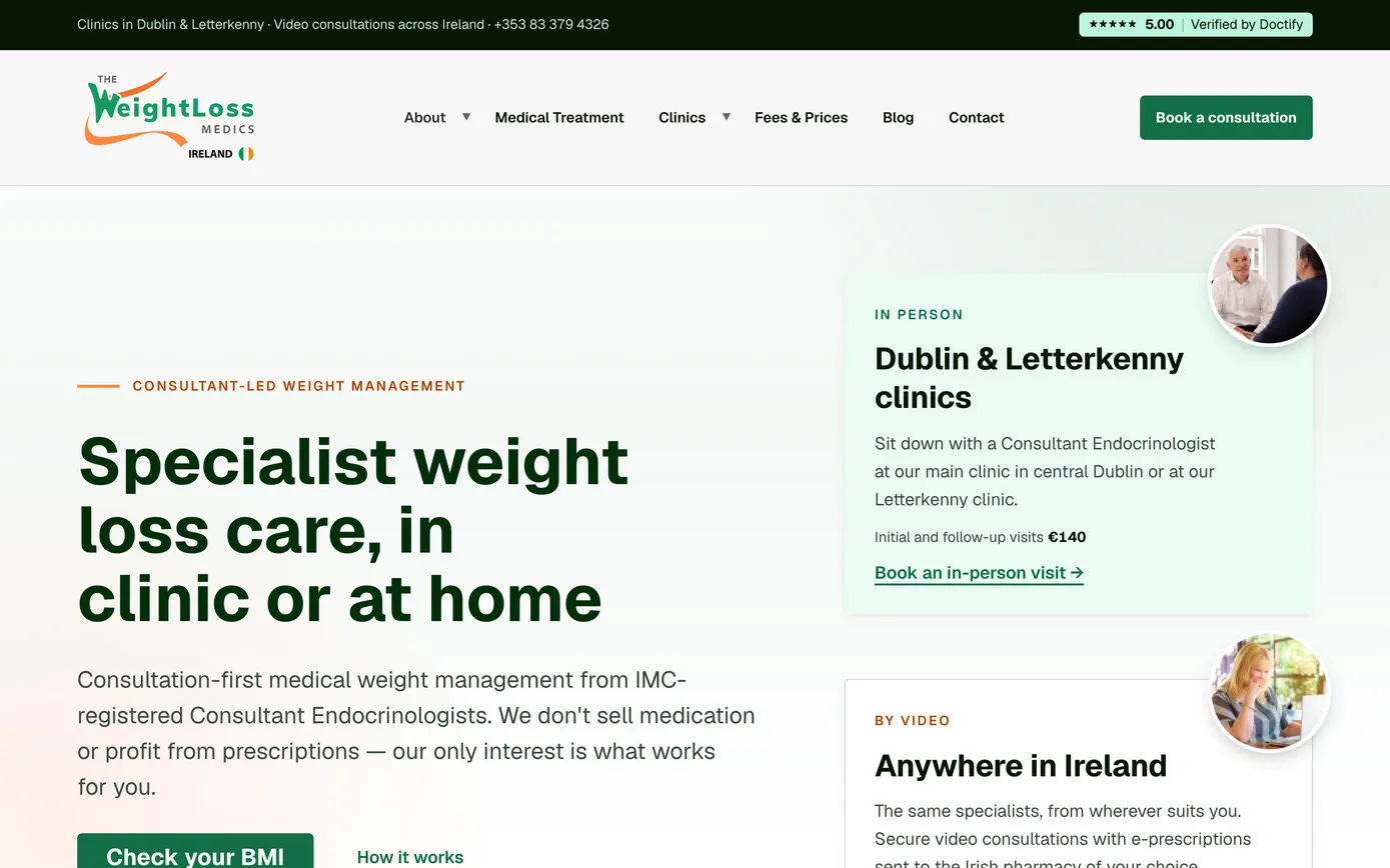 The Irish homepage in green and orange: “Specialist weight loss care, in clinic or at home”, with one card for the Dublin and Letterkenny clinics and one for video consultations anywhere in Ireland