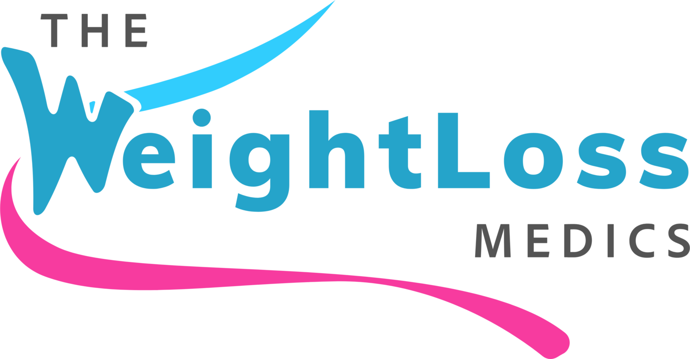 The Weight Loss Medics logo: a hand-drawn teal W running into “eightLoss”, with a cyan ribbon above and a pink ribbon below