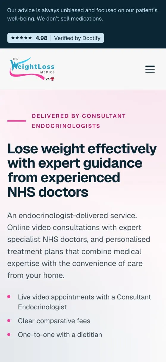 The Weight Loss Medics homepage on a phone