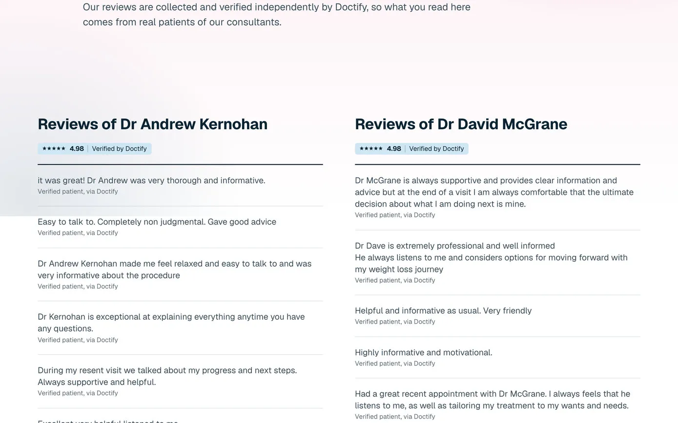 Patient reviews of Dr Andrew Kernohan and Dr David McGrane in two columns, each headed by a 4.98 rating verified by Doctify