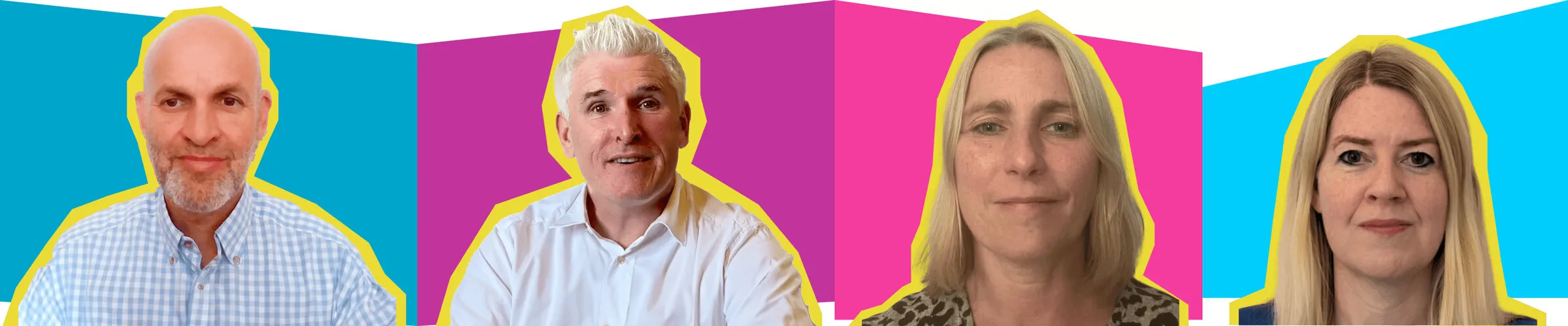 Portraits of the four Consultant Endocrinologists, Dr Andrew Kernohan, Dr David McGrane, Dr Isabel Howat and Dr Lesley Hall, each cut out with a yellow outline against slanted pink and blue bands