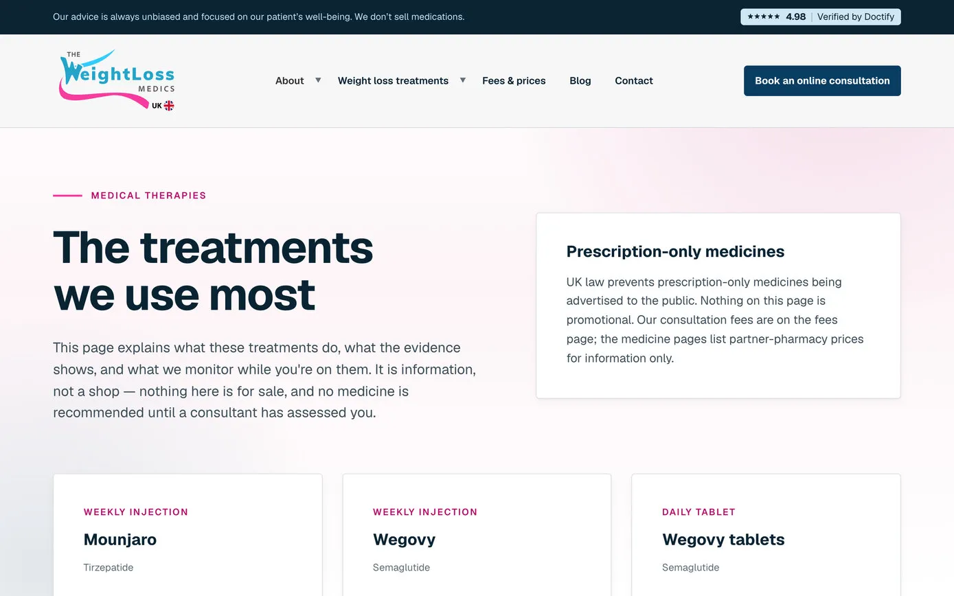 The Medical Therapies page, “The treatments we use most”, with a box explaining that prescription-only medicines can’t be advertised and that nothing on the page is promotional