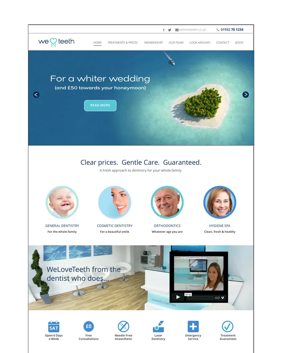 Dom’s 2015 home page layout: a heart-shaped island banner, “Clear prices. Gentle Care. Guaranteed.”, four round treatment photos, a video panel and a row of icons