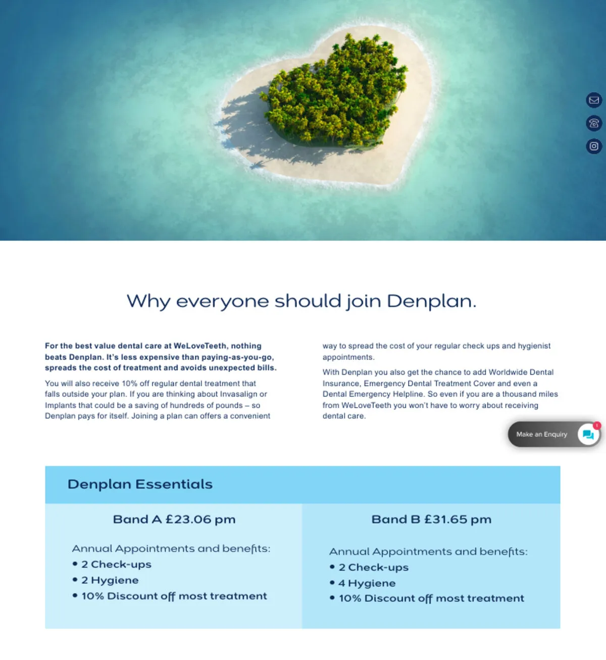 Dom’s InDesign layout for the Denplan page: the heart-shaped island photo, “Why everyone should join Denplan.” and the Denplan Essentials price box