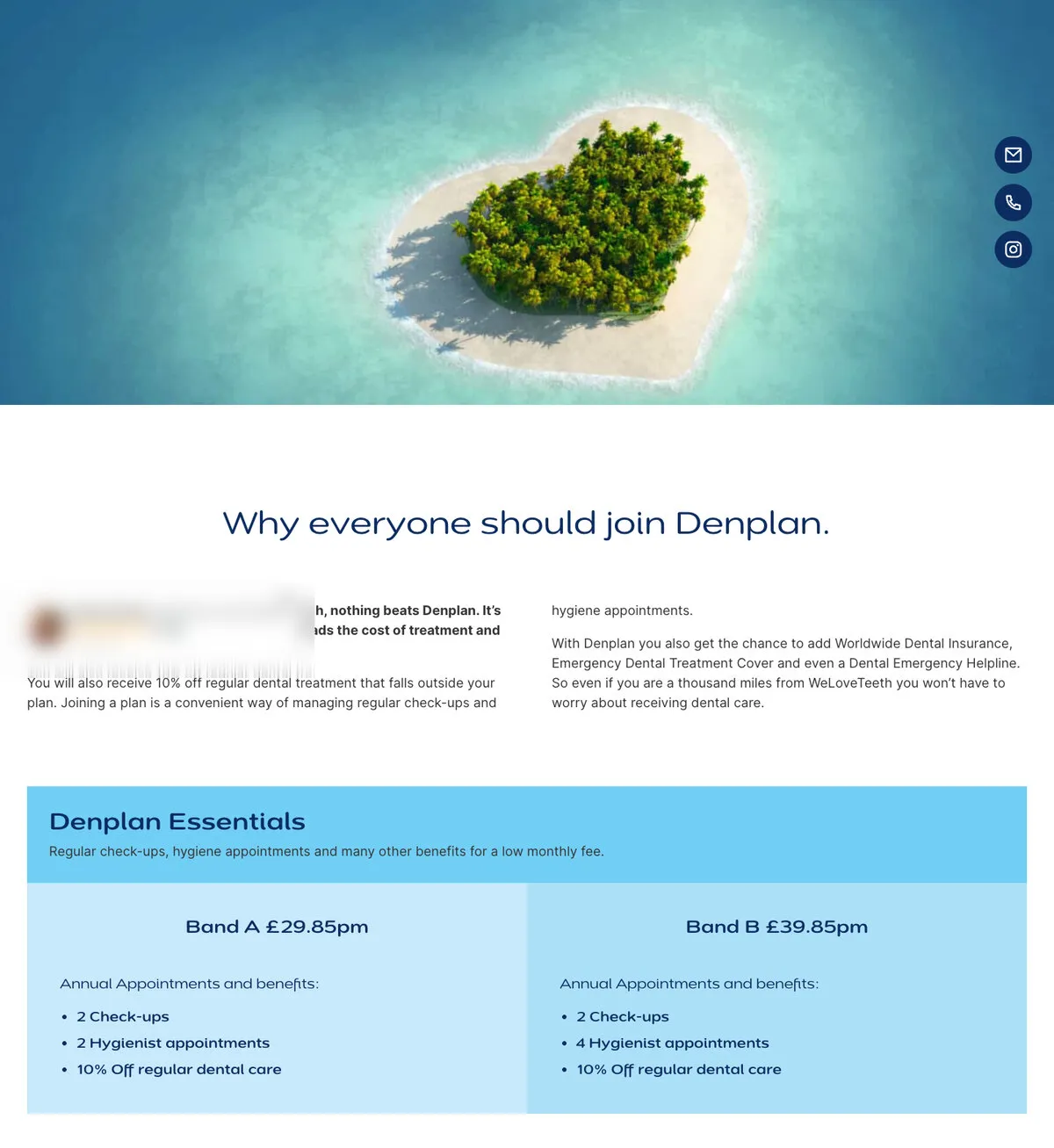 The live Denplan page: the same island photo, heading and price box, built in WordPress