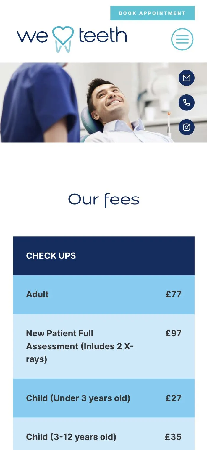 We Love Teeth’s fees page on a phone: adult check-ups £77, new patient assessments £97