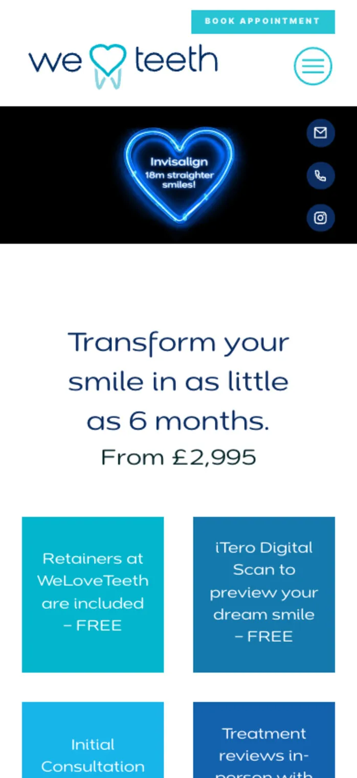 The same page on a phone: the neon heart, then “Transform your smile in as little as 6 months”