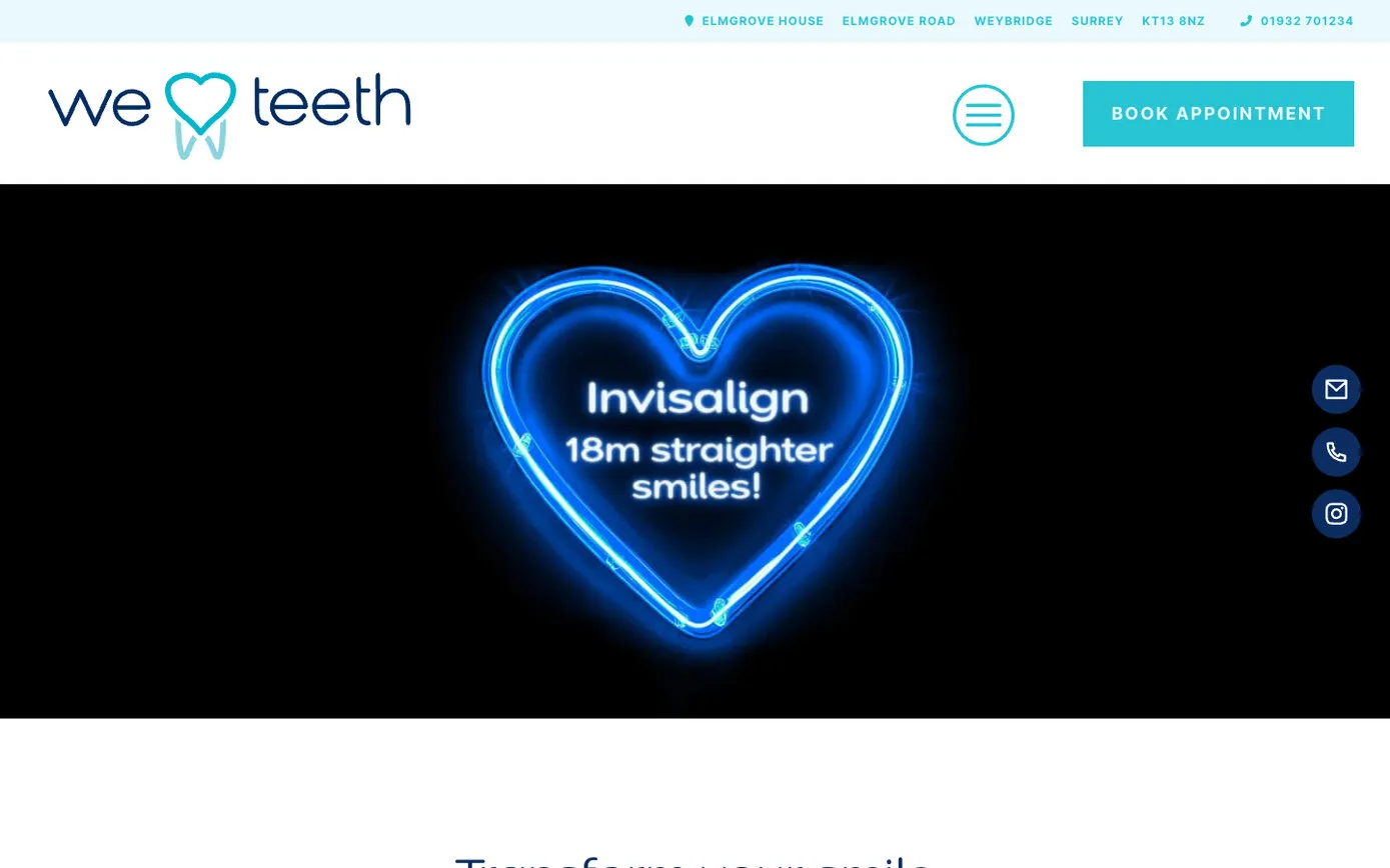 The WeLoveTeeth Invisalign page on a desktop browser: a glowing blue neon heart reading “Invisalign, 18m straighter smiles!”