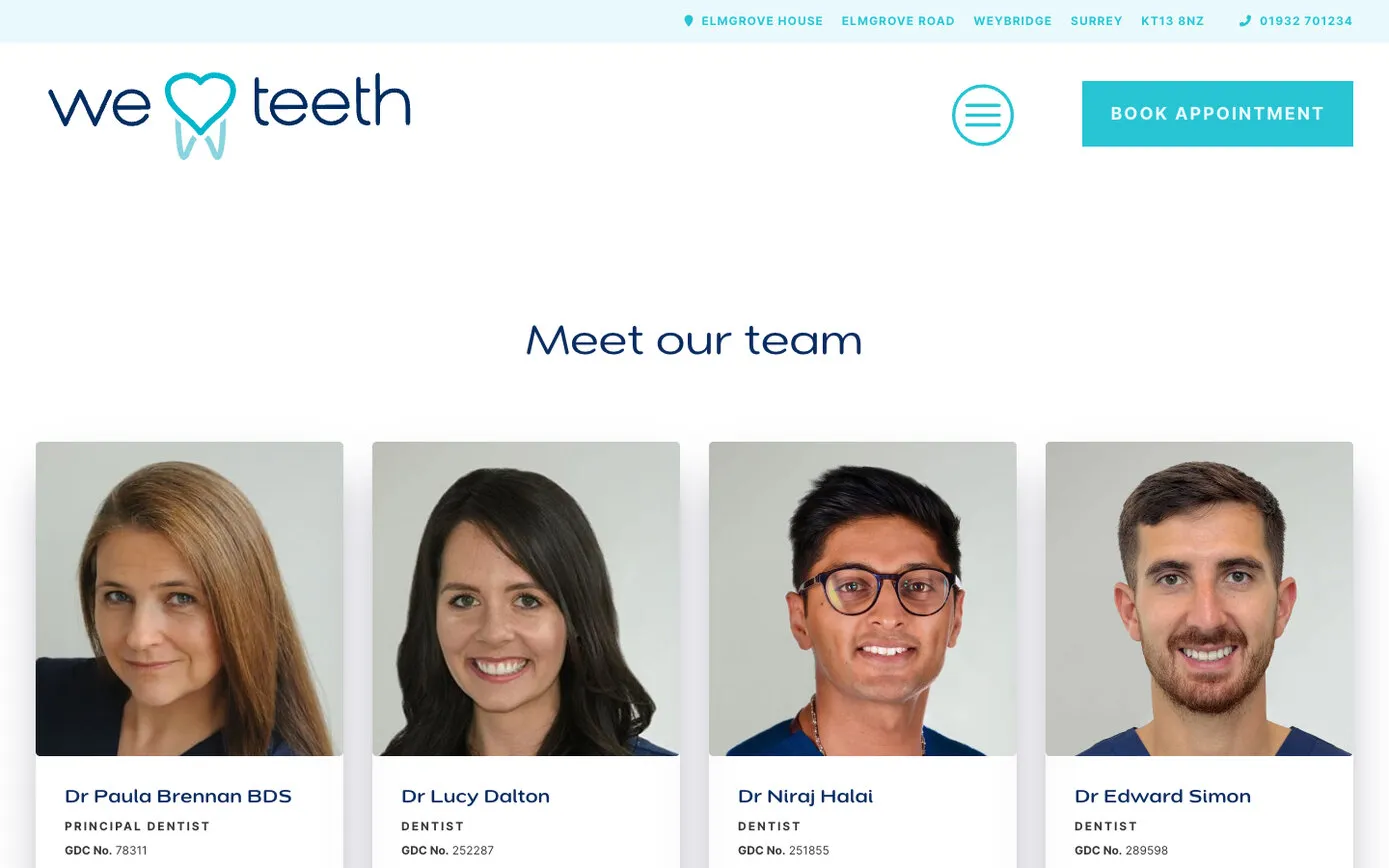Meet our team: four dentists’ portraits, each with a name, role and GDC number