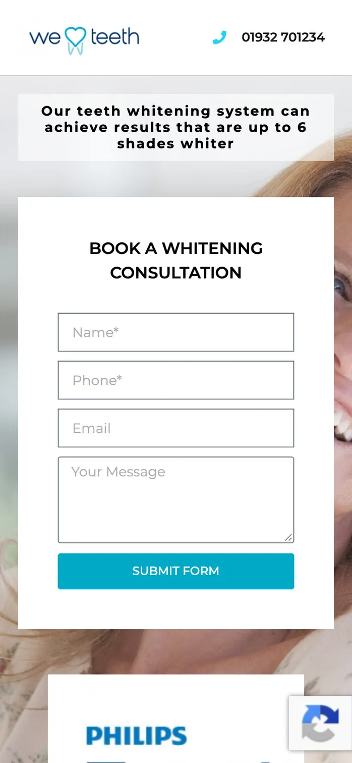The same page on a phone, with the consultation form near the top