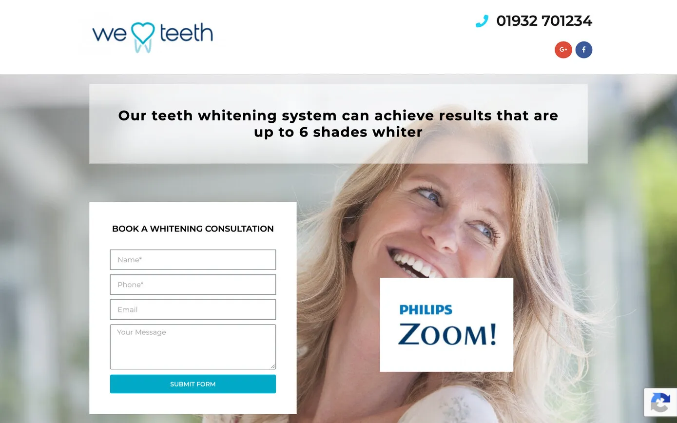 The Weybridge Whitening page: “Our teeth whitening system can achieve results that are up to 6 shades whiter”, a consultation form and the Philips Zoom logo over a smiling face