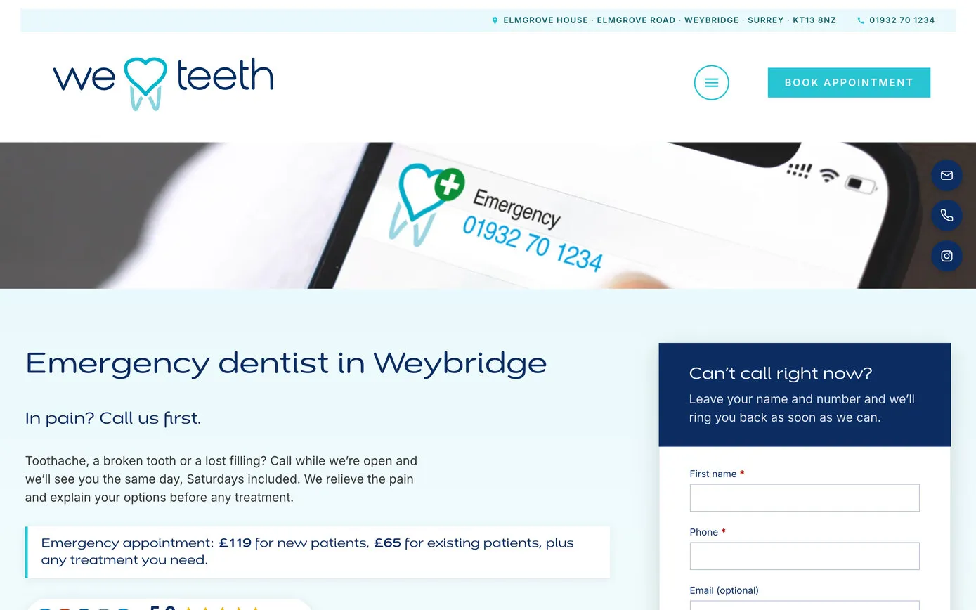 We Love Teeth’s emergency dentist page for Google Ads: a headline, a call button and a short call-back form