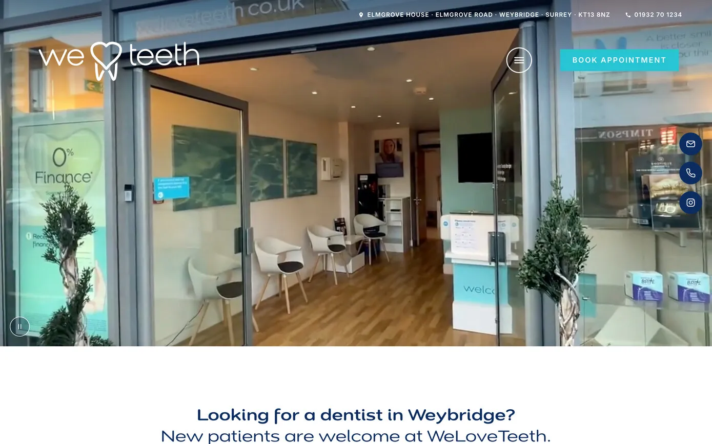 The WeLoveTeeth home page on a computer: the practice’s reception seen through its glass doors, under the heart-tooth logo and the Book appointment button
