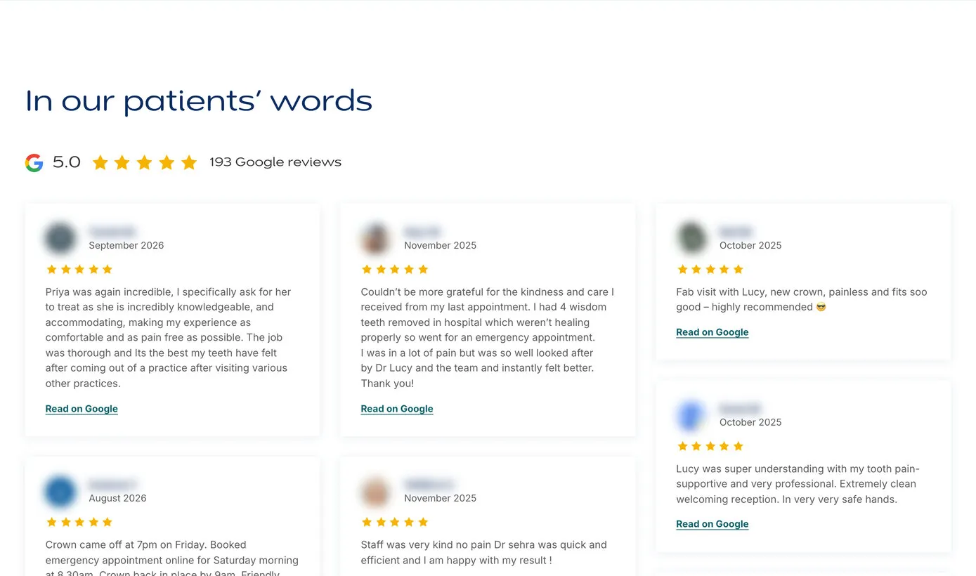 The reviews on an advert landing page: In our patients’ words, a rating line, and long reviews in three columns, each with a Read on Google link
