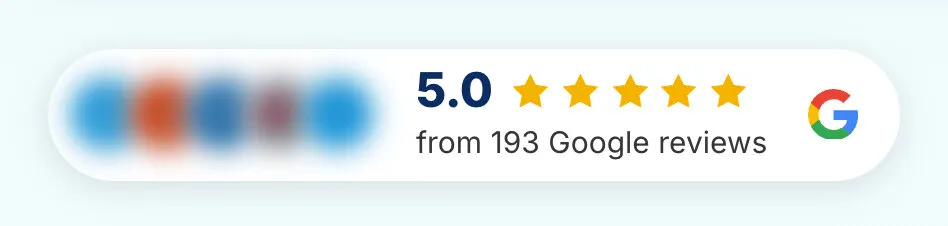 We Love Teeth’s rating pill: reviewers’ pictures, blurred, then the average, five stars, the number of Google reviews and the Google G