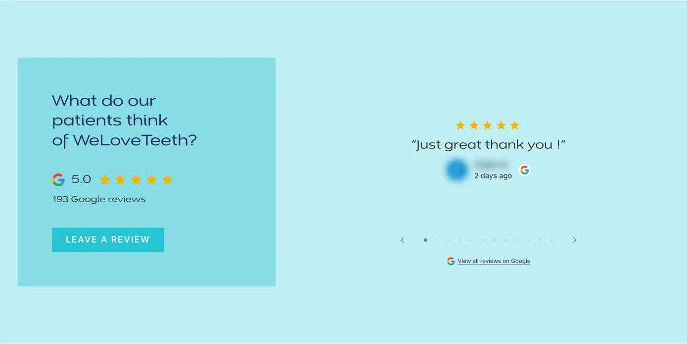A spotlight carousel: one review at a time in large type beside a panel asking what patients think, with a Leave a review button