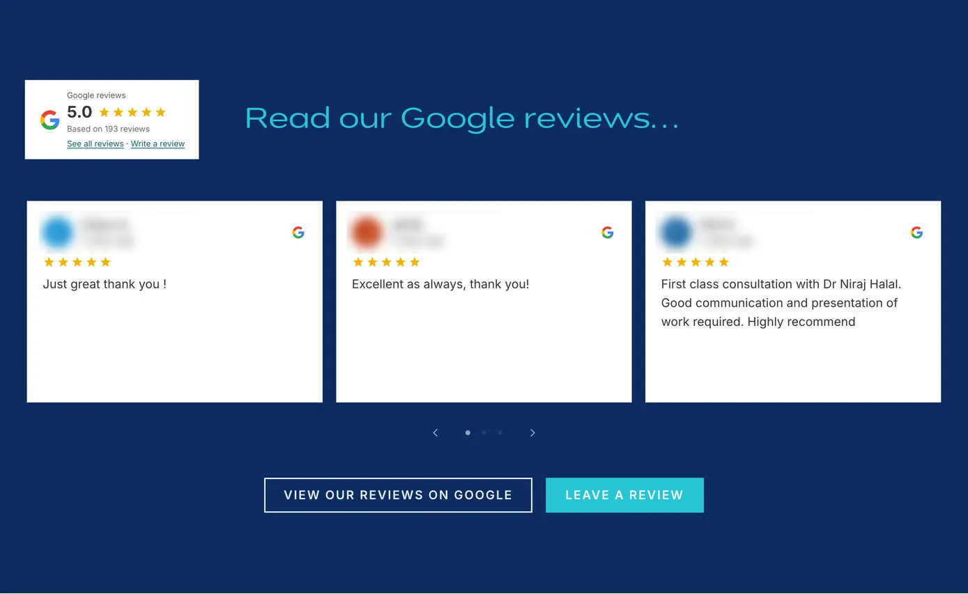 Google reviews on We Love Teeth’s home page: a rating badge and a carousel of review cards, each with the Google G and five stars