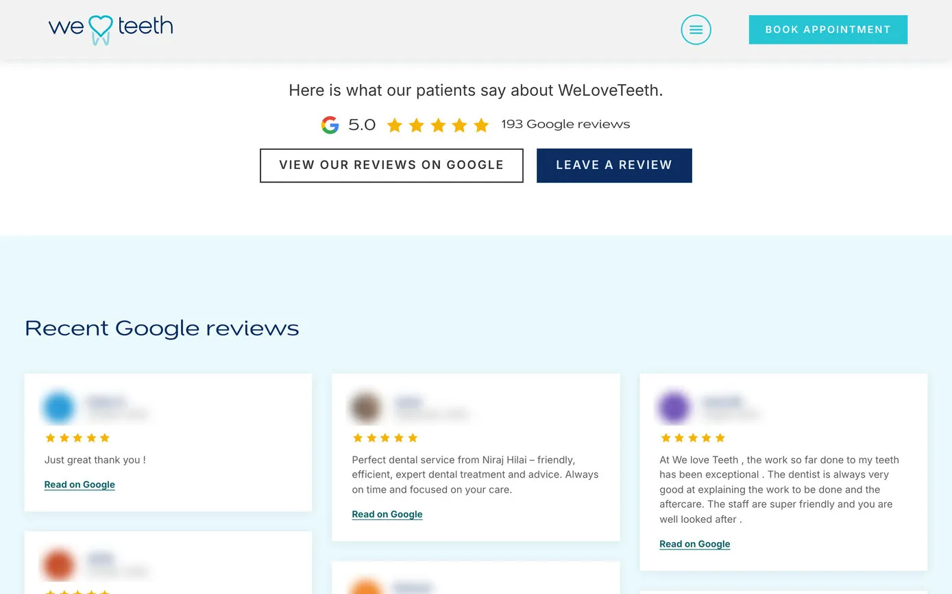A wall of Google reviews in three columns under the heading Recent Google reviews, with a rating line and buttons above it