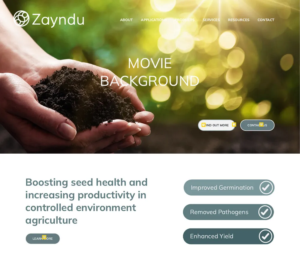 Emma’s full-colour design of the same section: cupped hands holding soil and a seedling, marked “Movie background”, with the same heading and pills in slate teal
