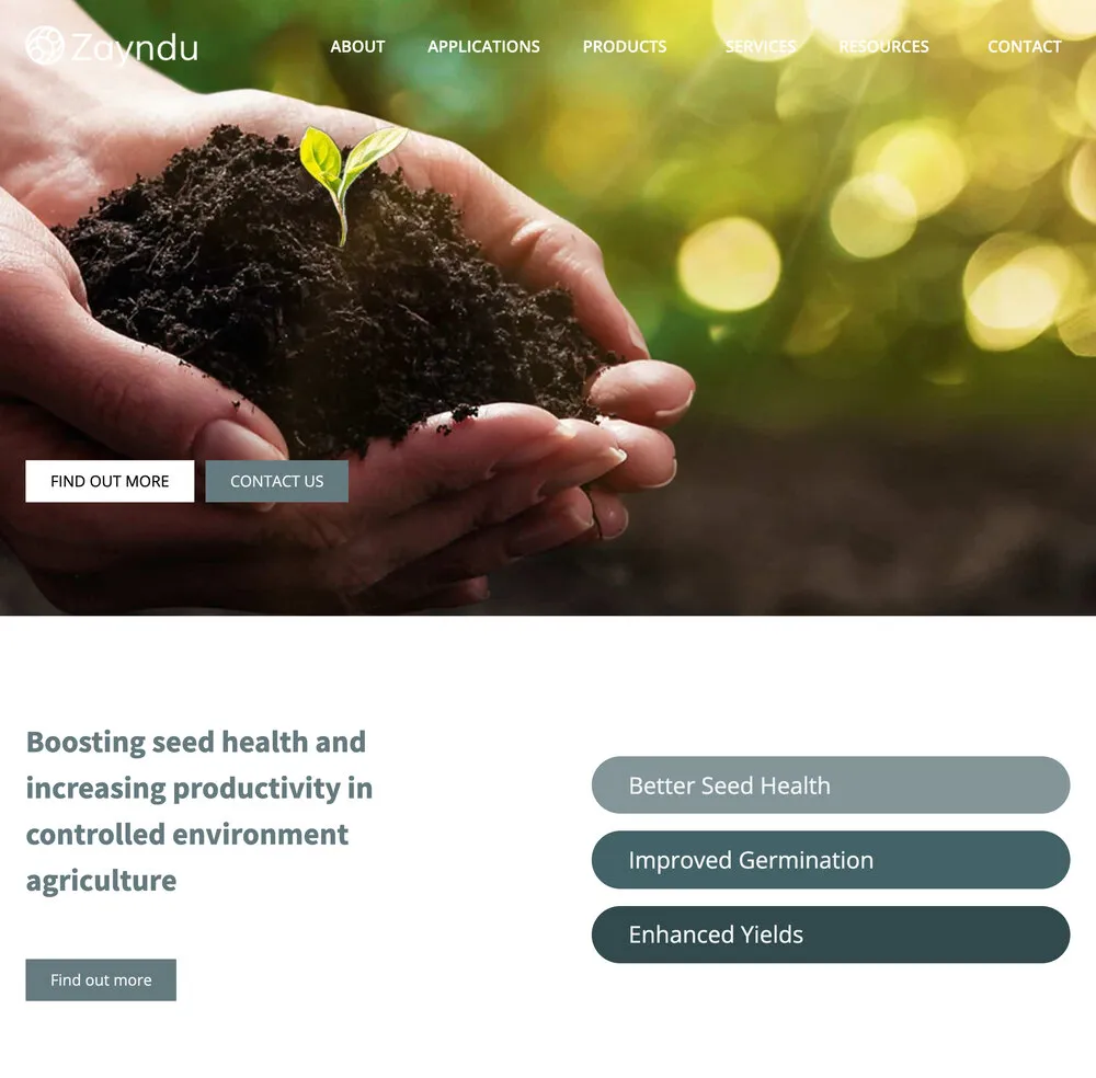 The website we built from it: the white logo and menu over the hands and seedling, Find out more and Contact us buttons, and the heading beside pills for Better Seed Health, Improved Germination and Enhanced Yields