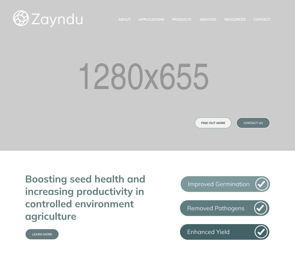 Emma Fletcher’s wireframe for the top of the home page, in greys: a 1280 by 655 placeholder for the opening, then “Boosting seed health and increasing productivity in controlled environment agriculture” beside three pills, Improved Germination, Removed Pathogens and Enhanced Yield