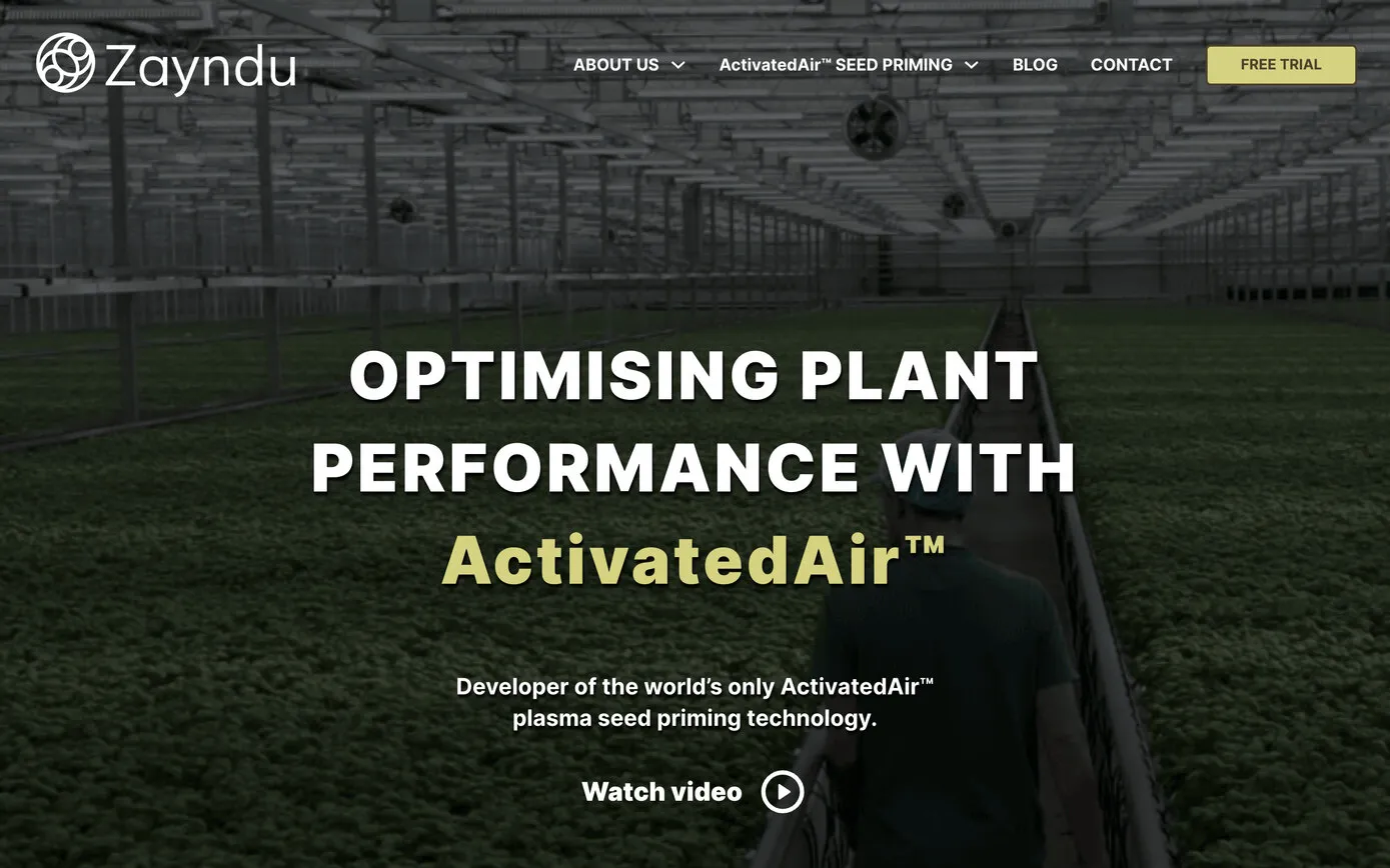 The 2024 site seven weeks after launch: “Optimising plant performance with ActivatedAir™” over a dark glasshouse film, with a straw Free trial button at the top right
