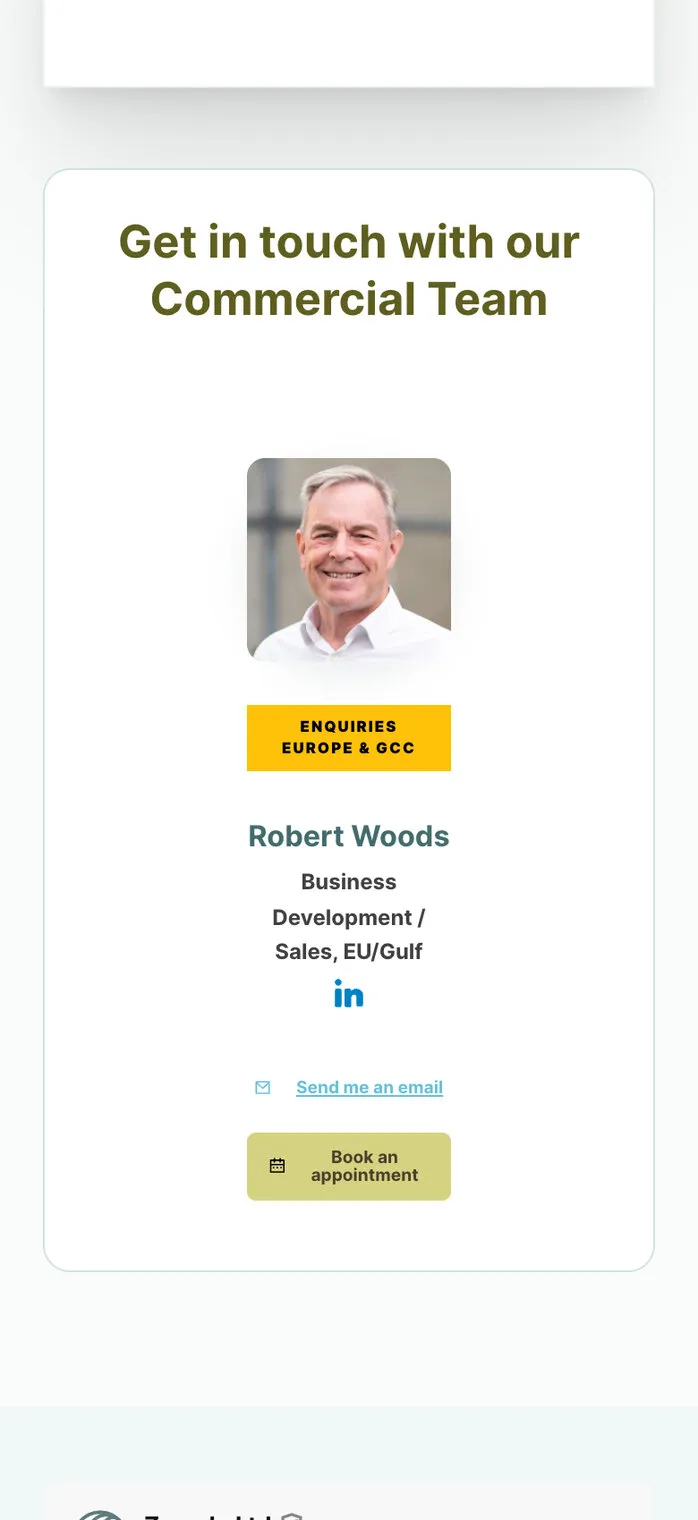 The contact page on a phone: “Get in touch with our Commercial Team”, a team member’s photo and role, a Send me an email link and a Book an appointment button