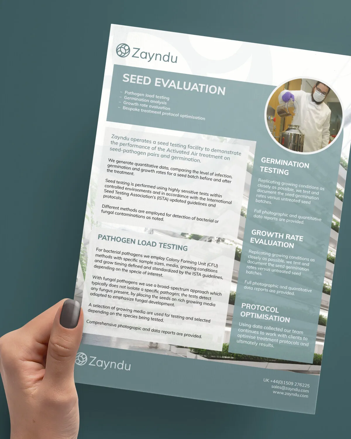 Zayndu’s Seed Evaluation flyer held in a hand: pathogen load testing, germination testing, growth rate evaluation and protocol optimisation, on slate-teal panels