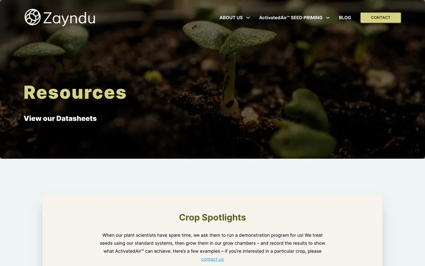 The Resources page: “Resources, View our Datasheets” over a close-up of seedlings, with the Crop Spotlights panel below