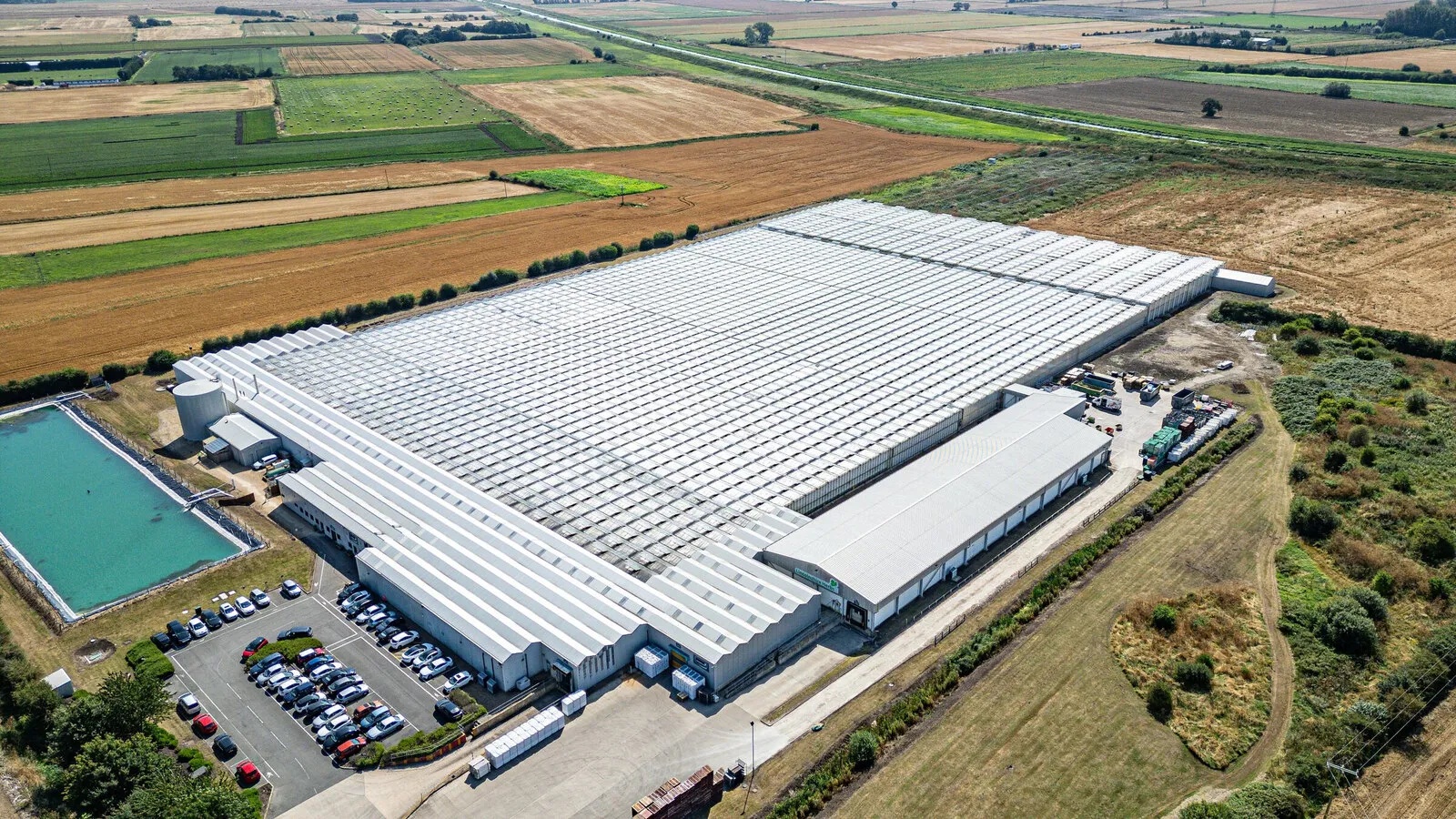 A grower’s glasshouses from the air: long white roofs, a car park and a square of blue water, with fields stretching away