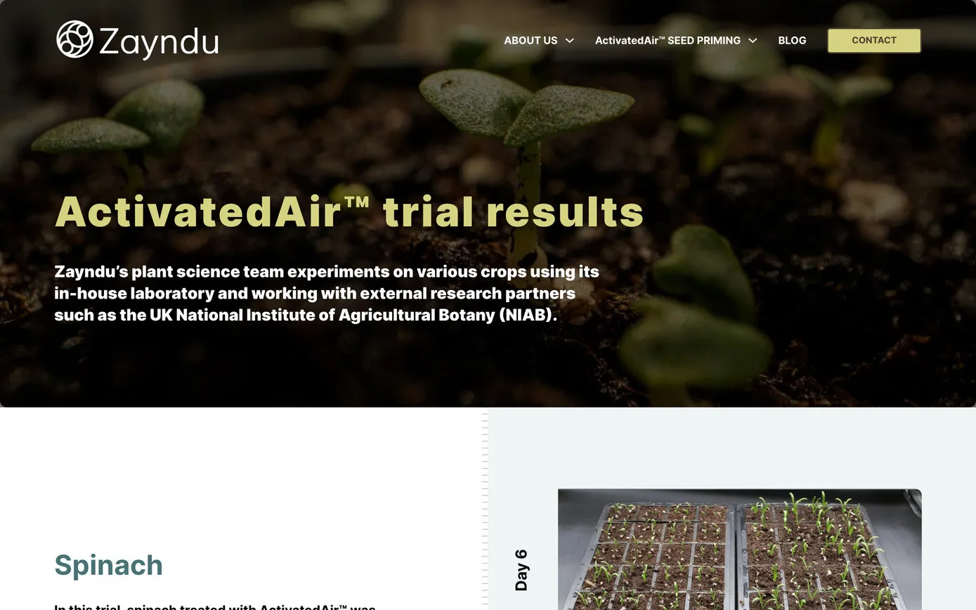 The trial results page: “ActivatedAir™ trial results” in straw over a close-up of seedlings, then the spinach trial, starting with photographs of two trays at day 6