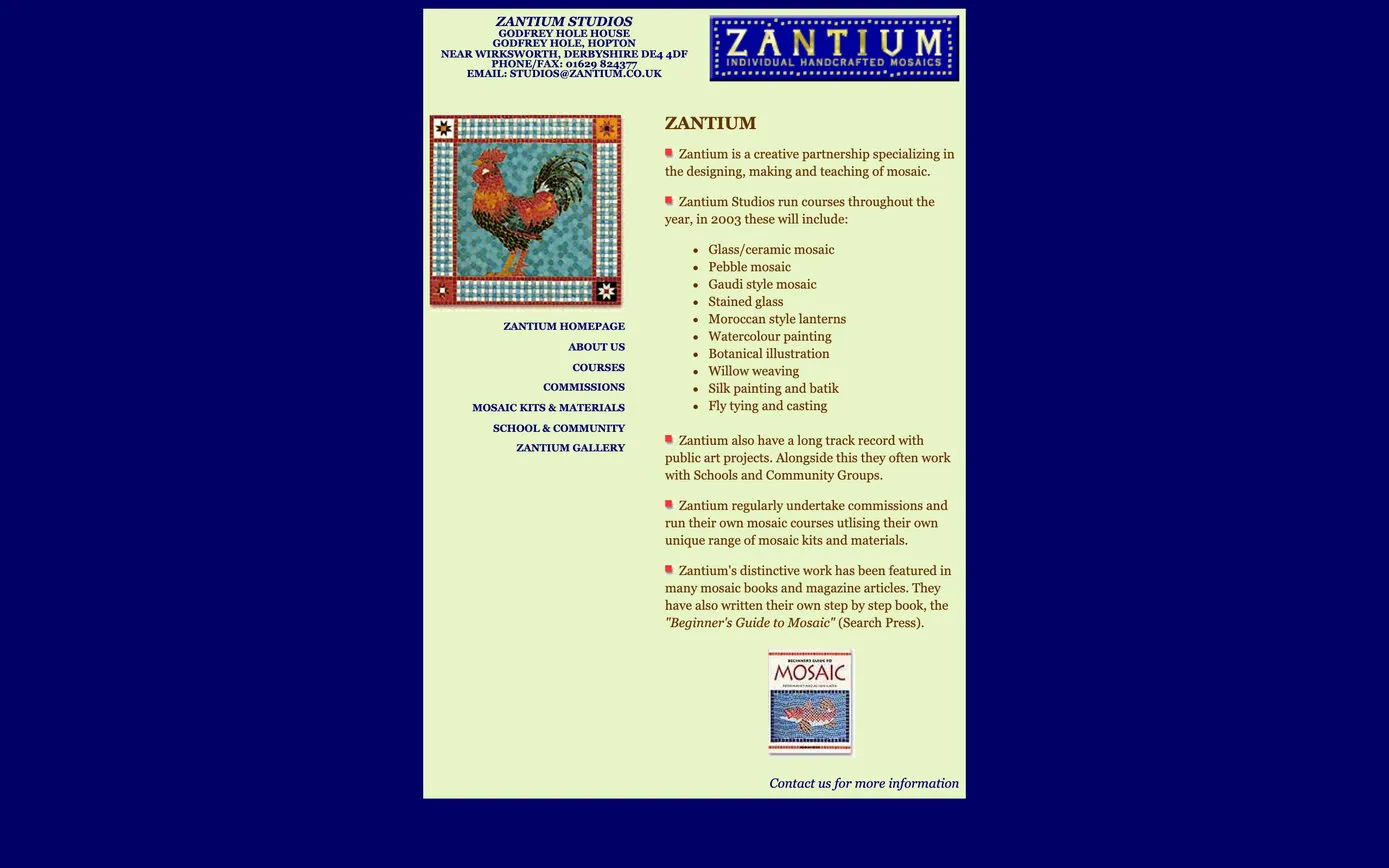 zantium.co.uk in 2002: one page on a navy background, with a mosaic cockerel and a list of what the studio offered