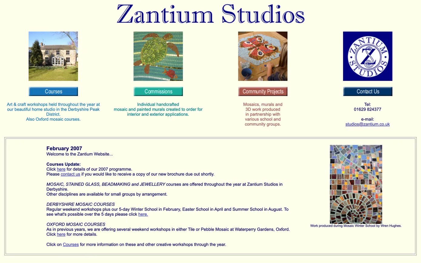 zantium.co.uk in 2007: “Zantium Studios” in a serif heading, four photographs and a box of course news