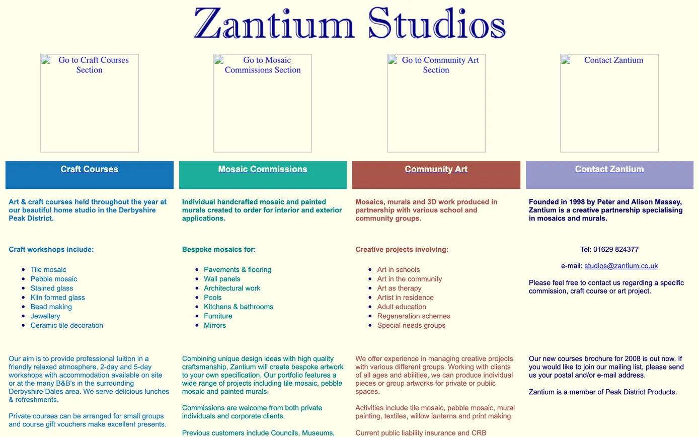 zantium.co.uk in 2008: four coloured columns for craft courses, mosaic commissions, community art and contact