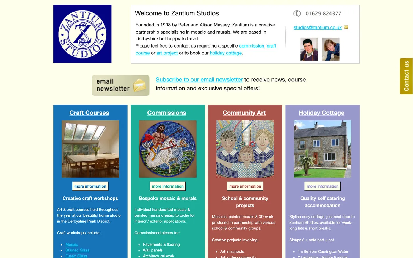 zantium.co.uk in 2011: the round Z logo, a newsletter sign-up and four coloured columns with photographs