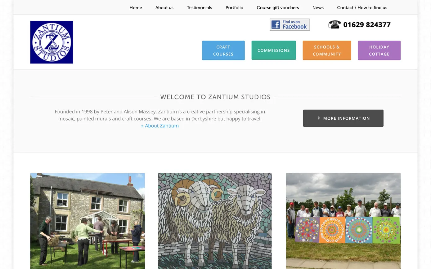 zantium.co.uk in 2014: a white WordPress layout with a coloured button for each part of the business and large photographs