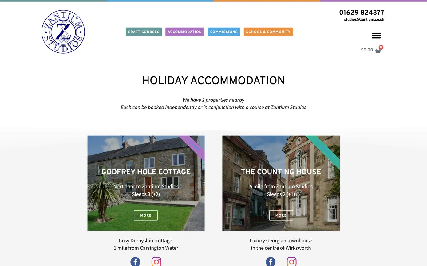 The holiday accommodation page, with photographs of Godfrey Hole Cottage and The Counting House