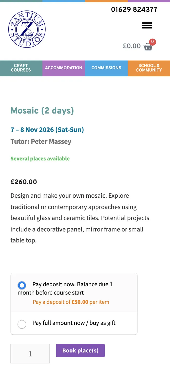 The same booking page on a phone, with the deposit option selected
