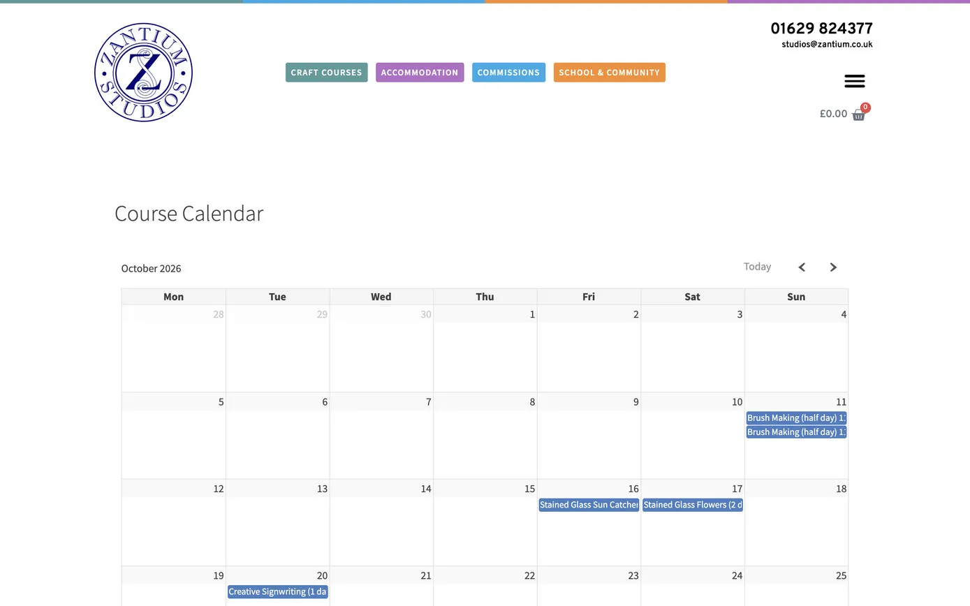 The course calendar for October 2026, with brush making, stained glass and signwriting dates